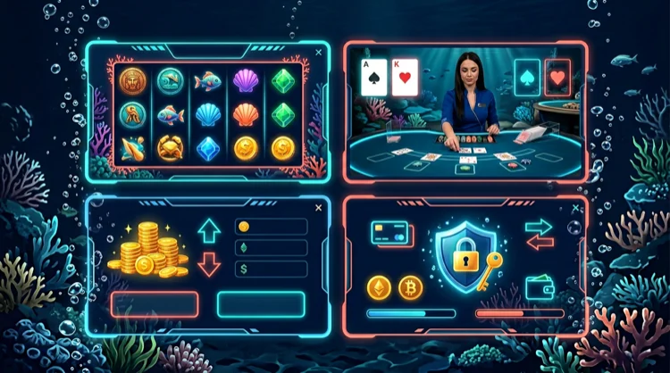 Illustration: Vier Funktionsfelder f&uuml;r Spiele, Live-Casino, Zahlungen und Sicherheit unter Wasser.