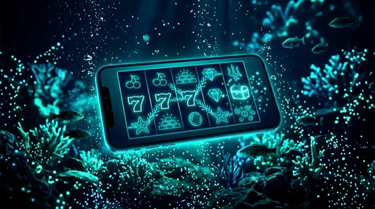 Illustration: Smartphone mit Casino-Slot unter Wasser und Bass-Fisch.