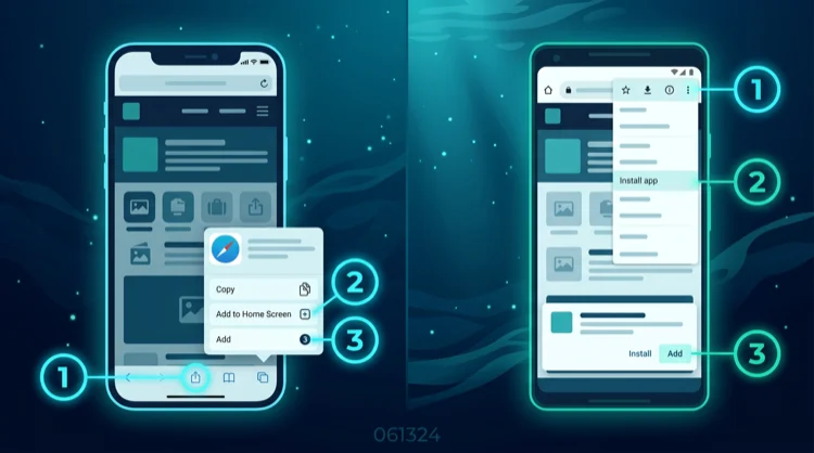 Illustration: iOS- und Android-Schritte zum Speichern der Web-App auf dem Homescreen, stilisiert.