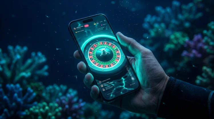 Illustration: Smartphone mit Live-Roulette-Stream unter Wasser, stilisiert.