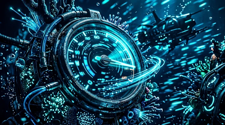 Illustration: Unterwasser-Tacho mit Koralle und t&uuml;rkis leuchtendem Zeiger f&uuml;r hohe Performance.