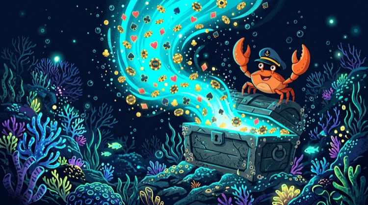 Banner: Ge&ouml;ffnete Schatztruhe mit Jetons, Kartenfarben und Bonus Crab unter Wasser.