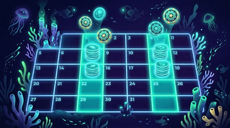 Illustration: Kalender mit hervorgehobenen Tagen, M&uuml;nzen und Freispiel-Tokens unter Wasser.