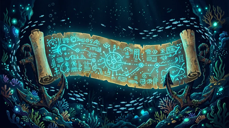 Illustration: Alte Meereskarte oder Schriftrolle mit abstrakten leuchtenden Symbolen und Ankern.