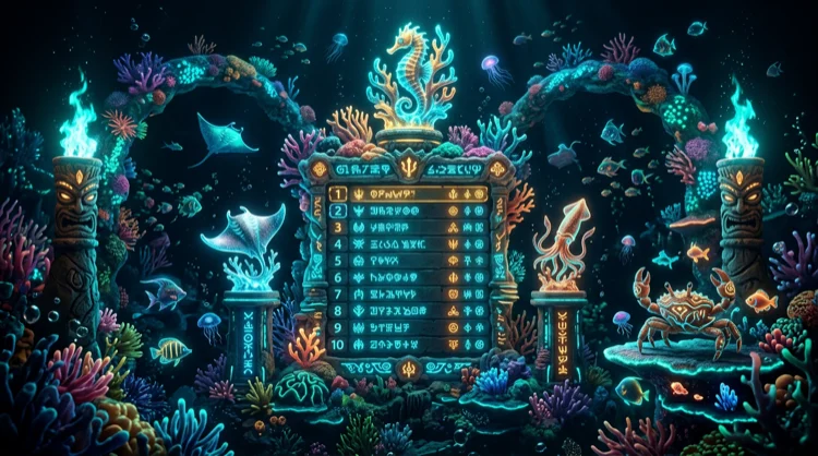 Illustration: Tiki-Turnier unter Wasser mit Rangliste, Pokalen und t&uuml;rkisen Fackeln.