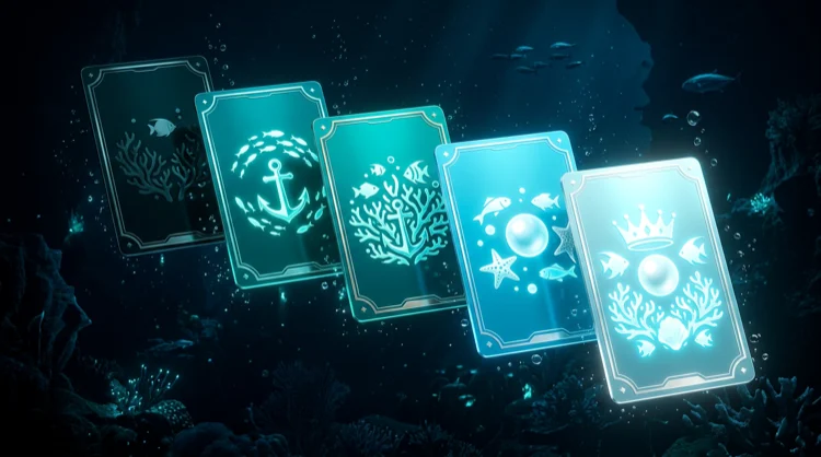 Illustration: F&uuml;nf VIP-Stufen-Karten mit Meeresemblemen von T&uuml;rkis bis Platin-Wei&szlig;.