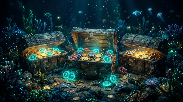 Illustration: Drei leuchtende Schatztruhen mit M&uuml;nzen und Jetons auf dem Meeresgrund.