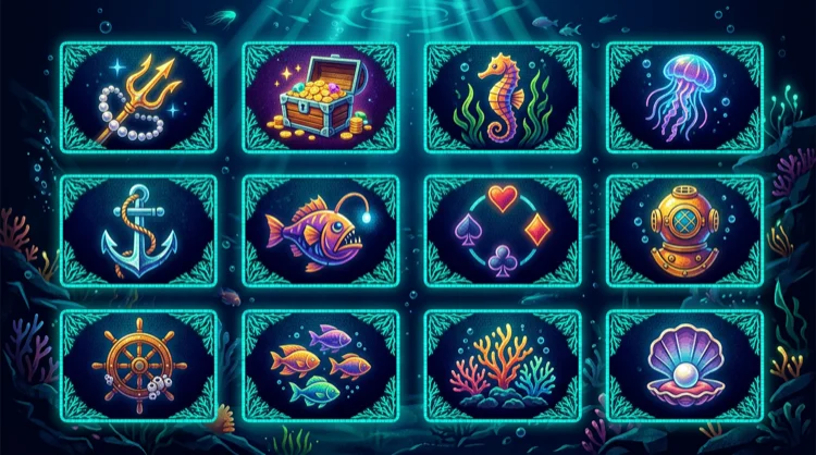 Illustration: Raster aus leuchtenden Casino-Spielkacheln im Tiefsee-Stil.