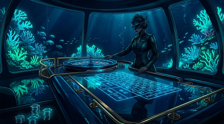 Illustration: Live-Casino mit Roulette-Tisch und Meereslicht, stilisiert.