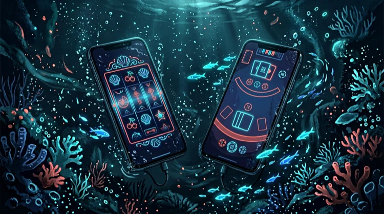 Illustration: Zwei Smartphones mit Casino-Oberfl&auml;che unter Wasser.