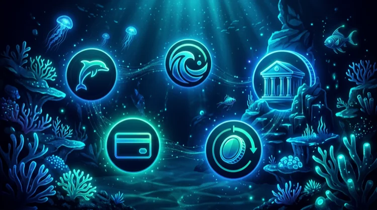 Illustration: Zahlungsarten-Symbole im Kreis mit Leuchtb&ouml;gen unter Wasser, stilisiert.