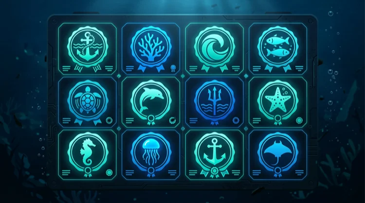 Illustration: Raster abstrakter Anbieter-Abzeichen mit Meeresmotiven und Zertifikatsb&auml;ndern.