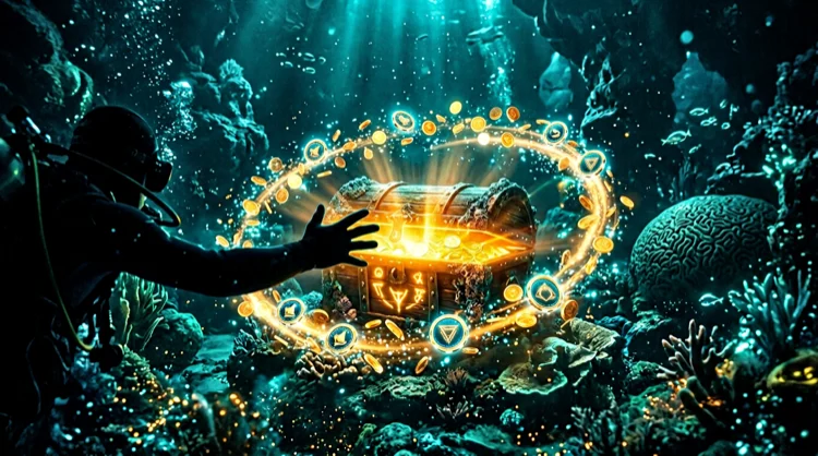 Illustration: Hand greift nach leuchtender Bonus-Truhe mit M&uuml;nzen und Freispiel-Tokens unter Wasser.