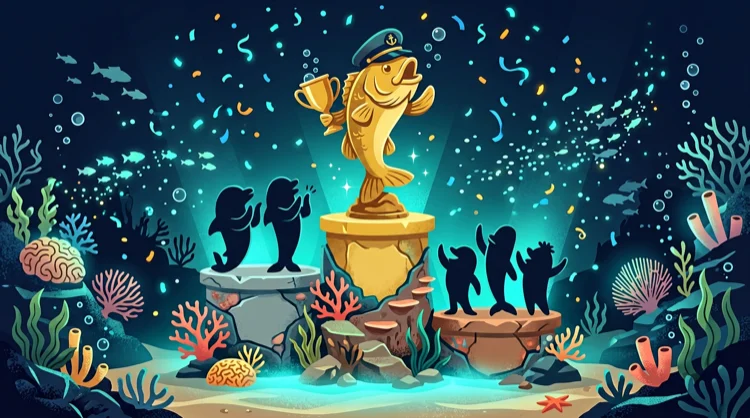 Illustration: Unterwasser-Siegerpodest mit Bass-Fisch in Kapit&auml;nsm&uuml;tze und Silhouetten.