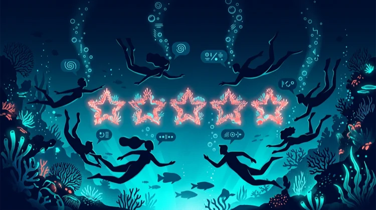 Illustration: Abstrakte Spieler-Silhouetten und F&uuml;nf-Sterne-Bewertung aus Koralle unter Wasser.