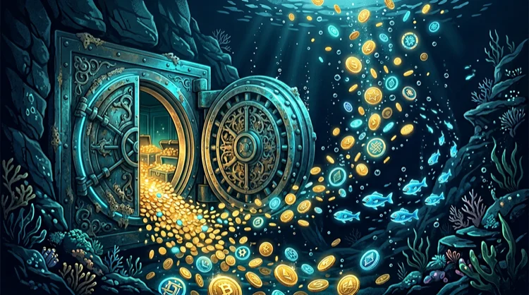 Illustration: Ge&ouml;ffneter Tresor mit M&uuml;nzen und Jetons unter Wasser, Bass-Fisch.