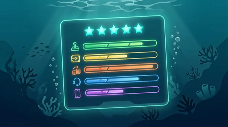 Illustration: Redaktionsbewertung mit Sternen und Balkendiagrammen unter Wasser.