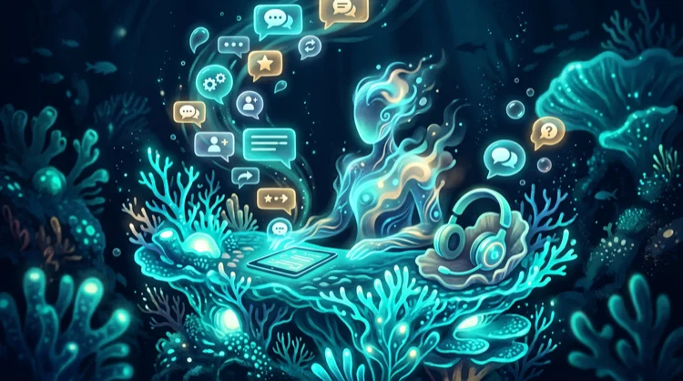 Illustration: Kundenservice am leuchtenden Korallentresen mit Chat-Blasen unter Wasser.