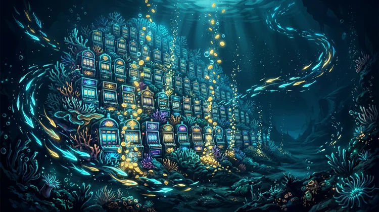 Illustration: Leuchtende Spielautomaten wie ein Korallenriff im dunklen Meer.