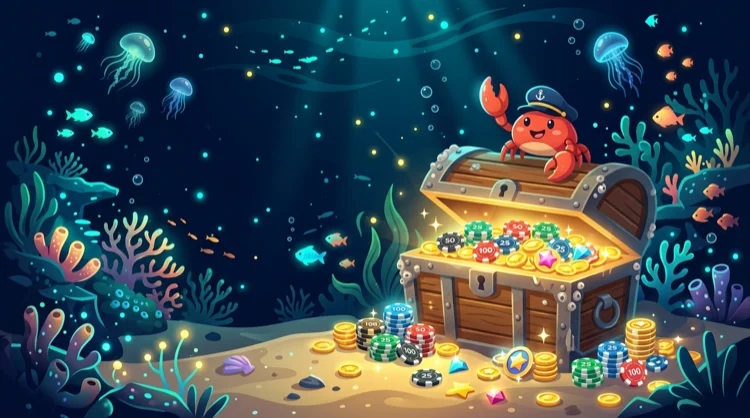 Illustration: Unterwasser-Schatztruhe mit Jetons, M&uuml;nzen und Bonus Crab in Kapit&auml;nsm&uuml;tze.