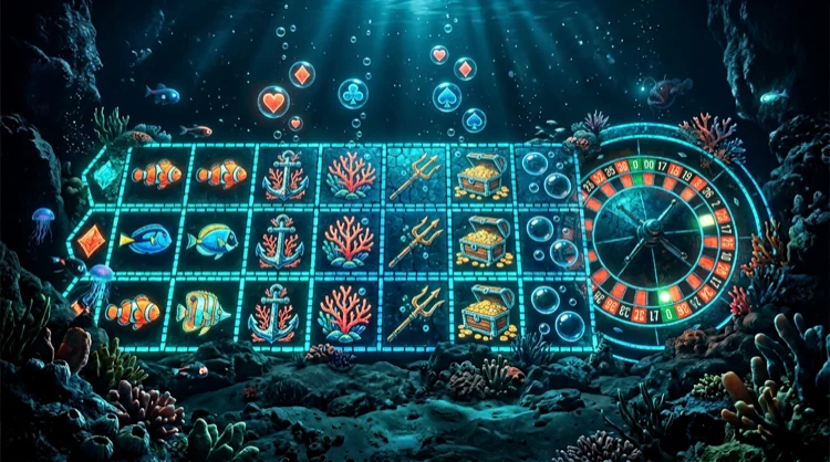 Banner: Leuchtende Casino-Spielsymbole als tiefseemosaik mit Walzen und Roulette.