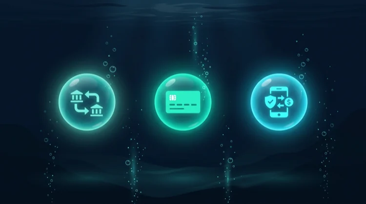 Illustration: Abstrakte Zahlungsarten-Symbole in leuchtenden Kapseln unter Wasser.