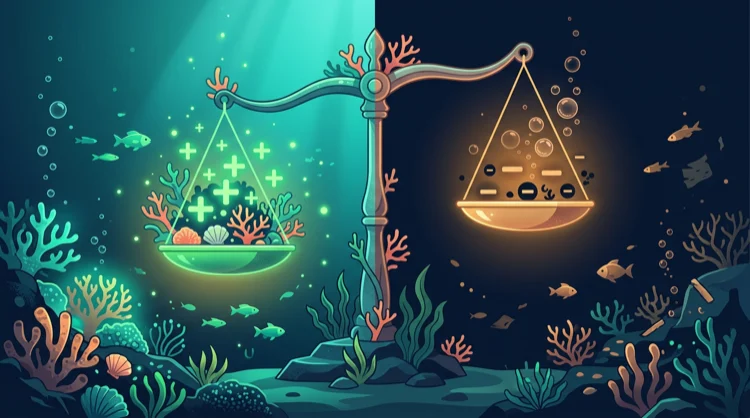 Illustration: Waage mit Plus- und Minus-Symbolen als St&auml;rken und Schw&auml;chen unter Wasser.