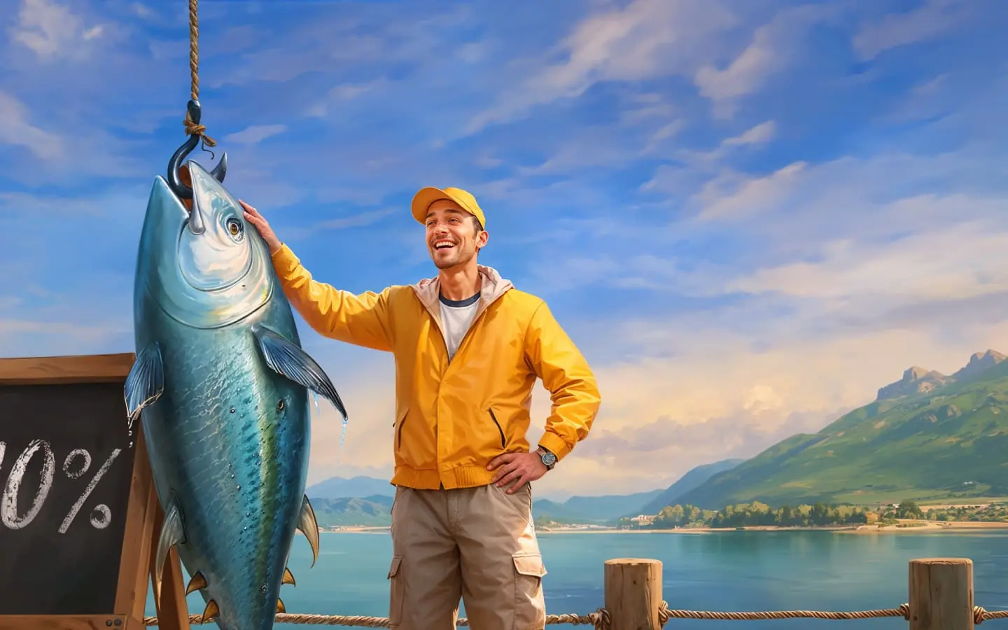 Angler mit großem Thunfisch am Haken, Aktionsbild von Bassbet